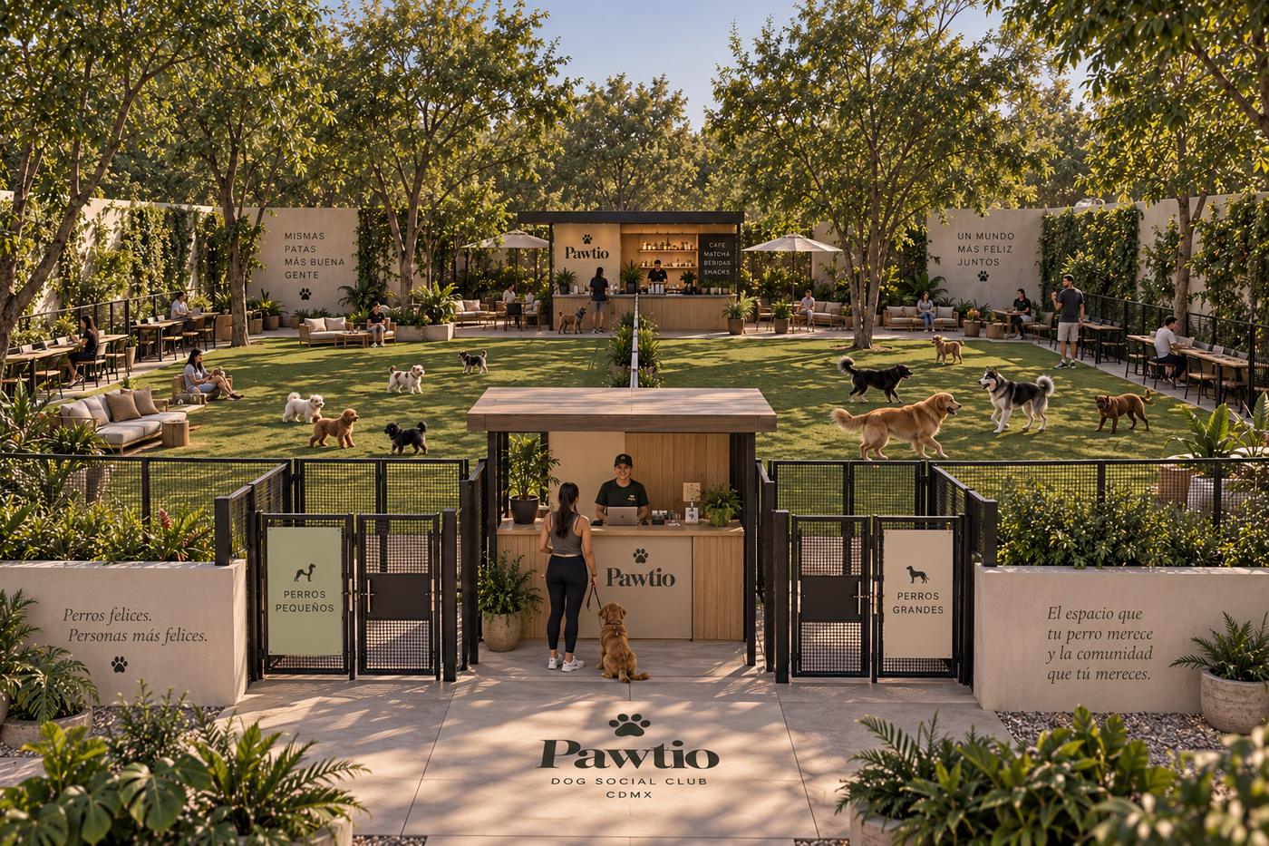 Render del club: un jardín bardeado con perros jugando sueltos, terraza de café y dos entradas separadas por tamaño de perro.
